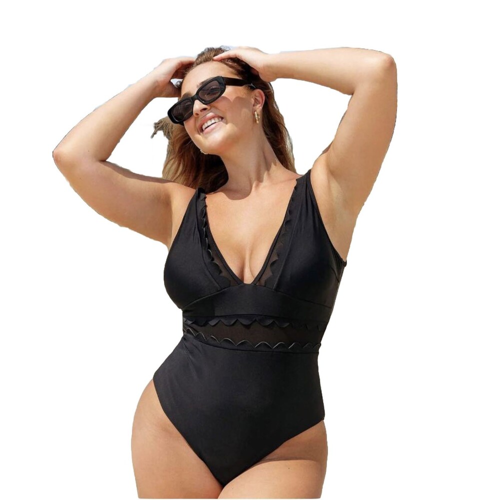 Cupshe Womens Large Swimsuit Black One Piece Brief Scallop Edge Mesh Panels New